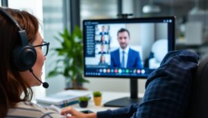Person trägt Kopfhörer für Büro und Office während einer Videokonferenz